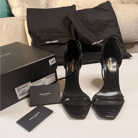 Saint Laurent Black Patent Leather Square-Toe Ankle-Strap Heels | Size 40 - Picture 6 of 14
